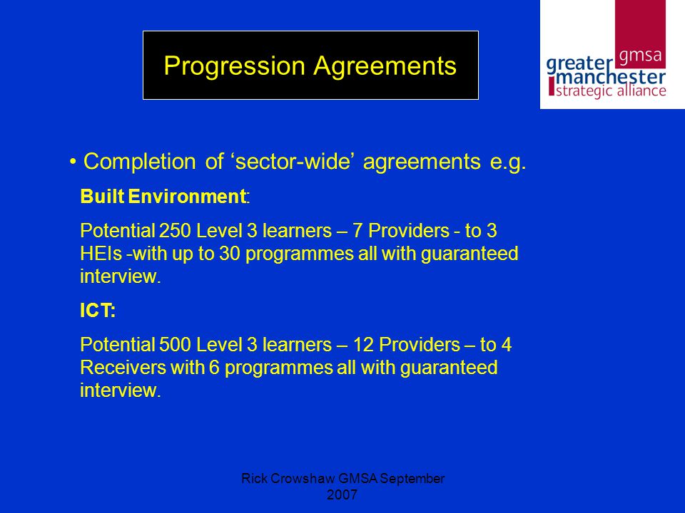 Rick Crowshaw GMSA September 2007 Progression Agreements Completion of ‘sector-wide’ agreements e.g.
