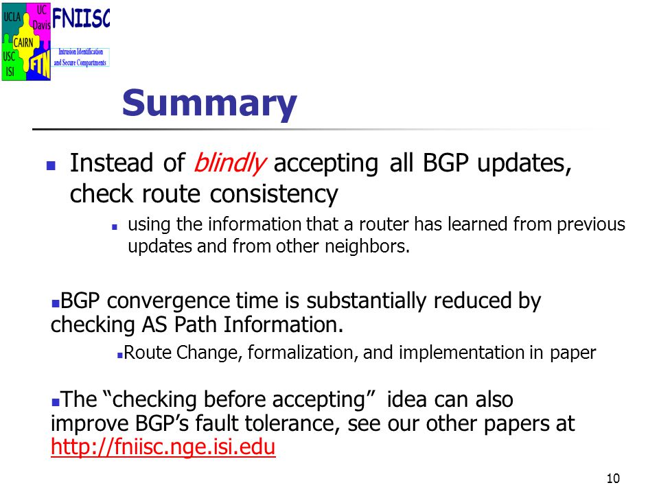 10 Summary Instead of blindly accepting all BGP updates, check route consistency using the information that a router has learned from previous updates and from other neighbors.