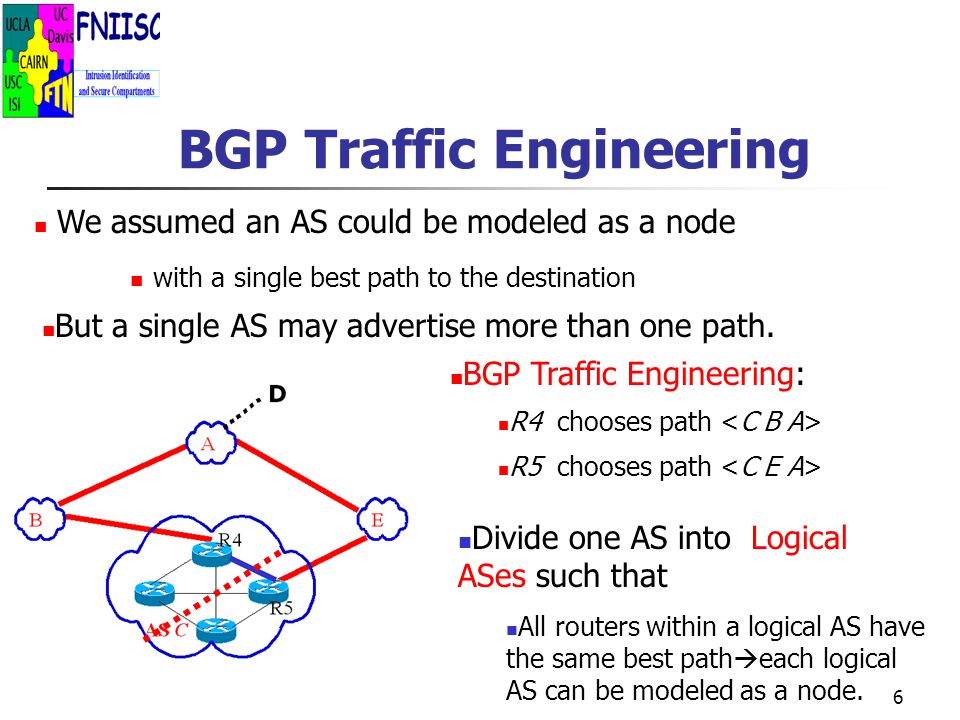 6 BGP Traffic Engineering BGP Traffic Engineering: R4 chooses path R5 chooses path We assumed an AS could be modeled as a node with a single best path to the destination But a single AS may advertise more than one path.