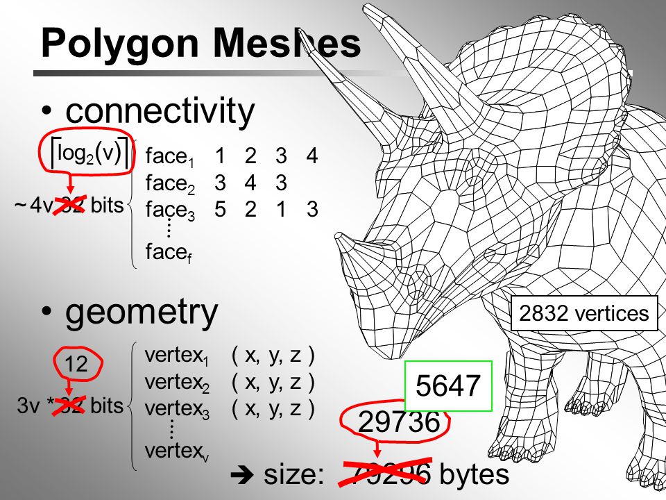 Polygon Meshes connectivity geometry vertex 1 ( x, y, z ) vertex 2 ( x, y, z ) vertex 3 ( x, y, z ) vertex v face face face face f ~ 4v 32 bits 3v * 32 bits  size: bytes log 2 ( v ) 2832 vertices