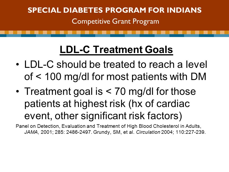 LDL-C Treatment Goals LDL-C should be treated to reach a level of < 100 mg/dl for most patients with DM Treatment goal is < 70 mg/dl for those patients at highest risk (hx of cardiac event, other significant risk factors) Panel on Detection, Evaluation and Treatment of High Blood Cholesterol in Adults, JAMA, 2001; 285: