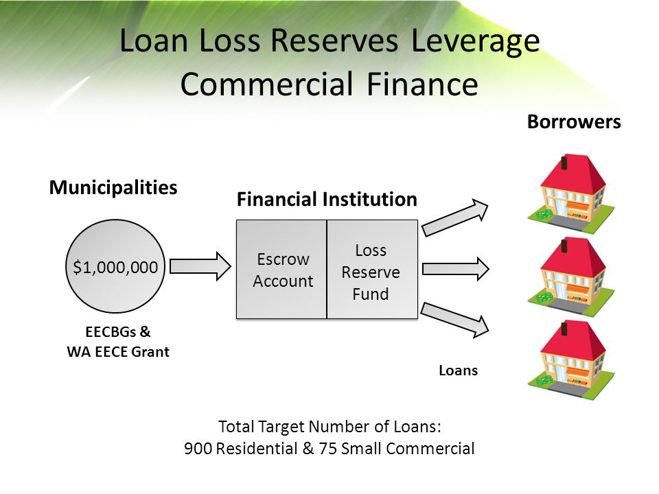 Loan Loss Reserves Leverage Commercial Finance Escrow Account Loss Reserve Fund $1,000,000 EECBGs & WA EECE Grant Financial Institution Loans Borrowers Municipalities Total Target Number of Loans: 900 Residential & 75 Small Commercial