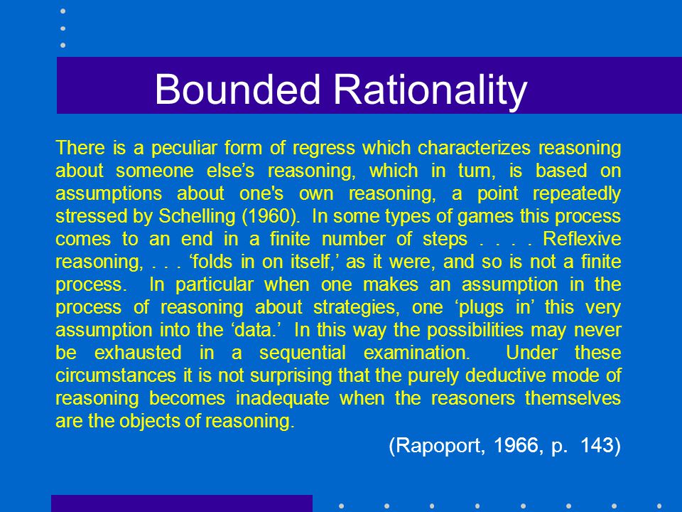 There is a peculiar form of regress which characterizes reasoning about someone else’s reasoning, which in turn, is based on assumptions about one s own reasoning, a point repeatedly stressed by Schelling (1960).