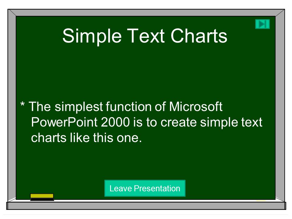 What Will Be Demonstrated  Creating simple text charts  Creating graphs and bar charts  Adding pictures and clip art to presentations  Adding video clips and sounds  Adding animation and transitions  Moving presentations to the web Leave Presentation