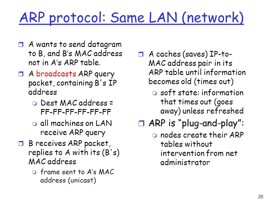 26 ARP protocol: Same LAN (network) r A wants to send datagram to B, and B’s MAC address not in A’s ARP table.