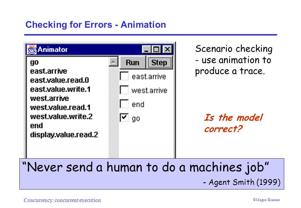 Concurrency: concurrent execution ©Magee/Kramer Checking for Errors - Animation Scenario checking - use animation to produce a trace.