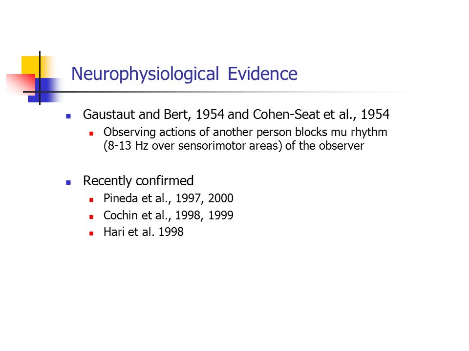 Neurophysiological Evidence Gaustaut and Bert, 1954 and Cohen-Seat et al., 1954 Observing actions of another person blocks mu rhythm (8-13 Hz over sensorimotor areas) of the observer Recently confirmed Pineda et al., 1997, 2000 Cochin et al., 1998, 1999 Hari et al.