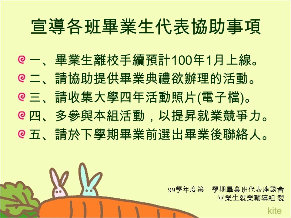99 學年度第一學期畢業班代表座談會 會議議程一 確認各班畢業生代表基本資料二 介紹本組相關業務三 活動介紹四 宣導各班畢業生代表協助事項五 臨時動議 99 學年度第一學期畢業班代表座談會 會議議程一 確認各班畢業生代表基本資料二 介紹本組相關業務三 活動介紹四 宣導各班畢業生代表協助事項五 臨時動議