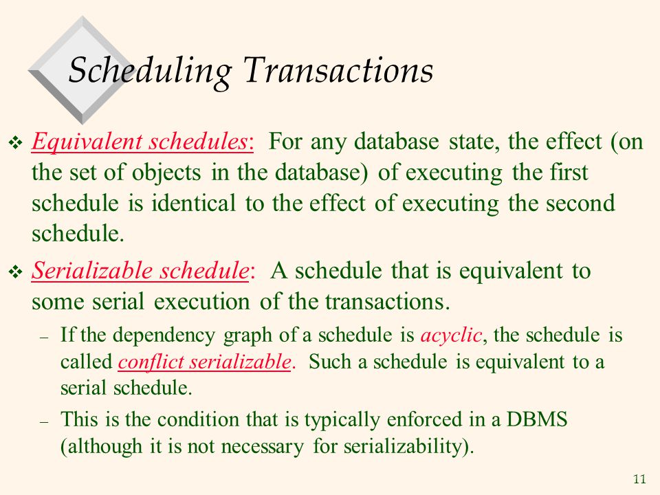 11 Scheduling Transactions  Equivalent schedules: For any database state, the effect (on the set of objects in the database) of executing the first schedule is identical to the effect of executing the second schedule.