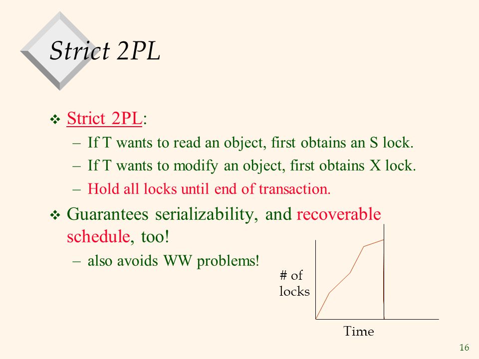 16 Strict 2PL  Strict 2PL: –If T wants to read an object, first obtains an S lock.