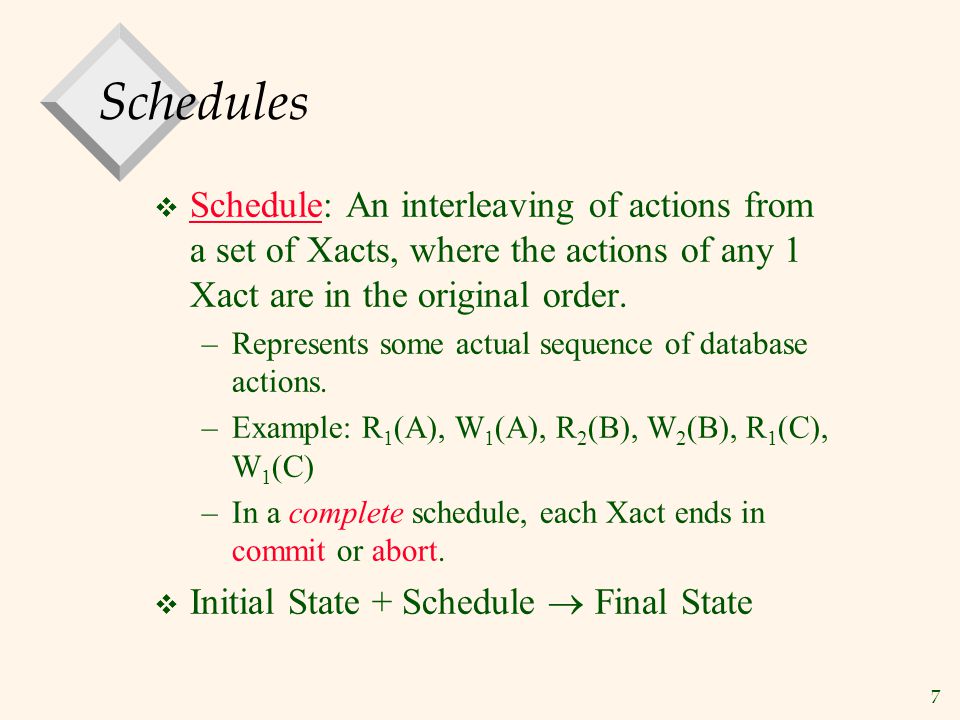 7 Schedules  Schedule: An interleaving of actions from a set of Xacts, where the actions of any 1 Xact are in the original order.