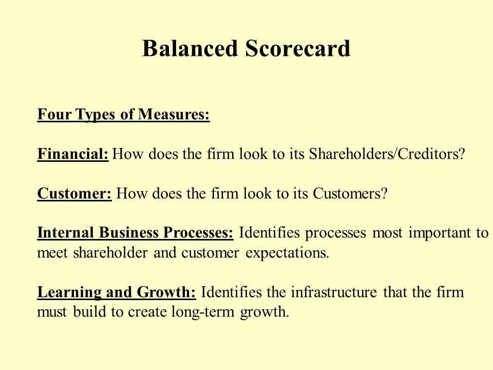 Balanced Scorecard Four Types of Measures: Financial: How does the firm look to its Shareholders/Creditors.