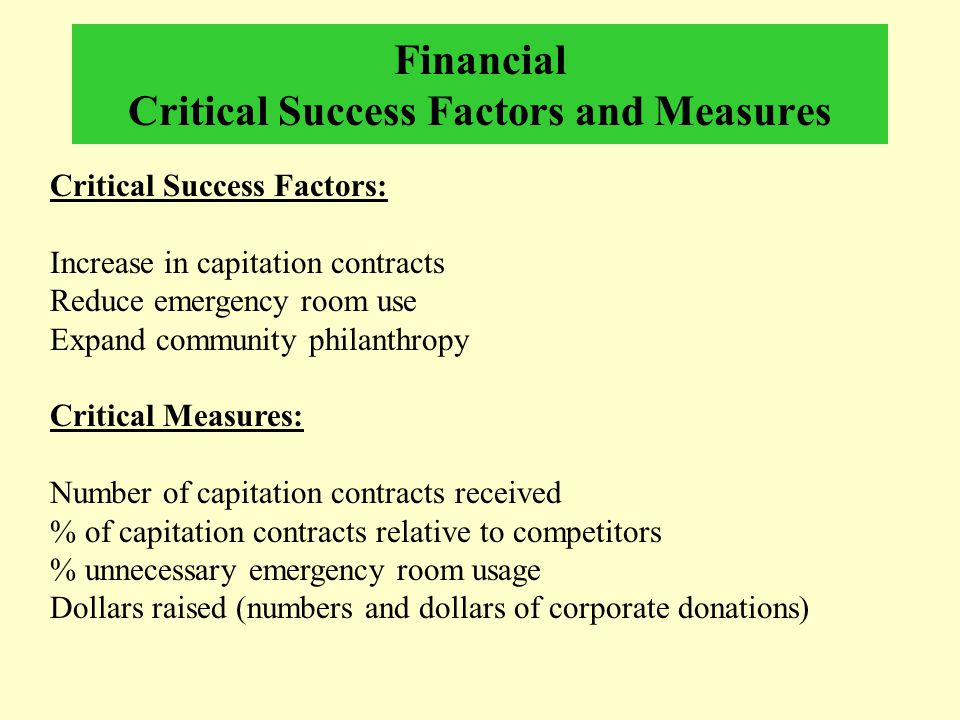Financial Critical Success Factors and Measures Critical Success Factors: Increase in capitation contracts Reduce emergency room use Expand community philanthropy Critical Measures: Number of capitation contracts received % of capitation contracts relative to competitors % unnecessary emergency room usage Dollars raised (numbers and dollars of corporate donations)
