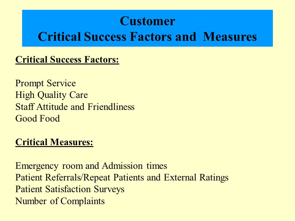 Customer Critical Success Factors and Measures Critical Success Factors: Prompt Service High Quality Care Staff Attitude and Friendliness Good Food Critical Measures: Emergency room and Admission times Patient Referrals/Repeat Patients and External Ratings Patient Satisfaction Surveys Number of Complaints
