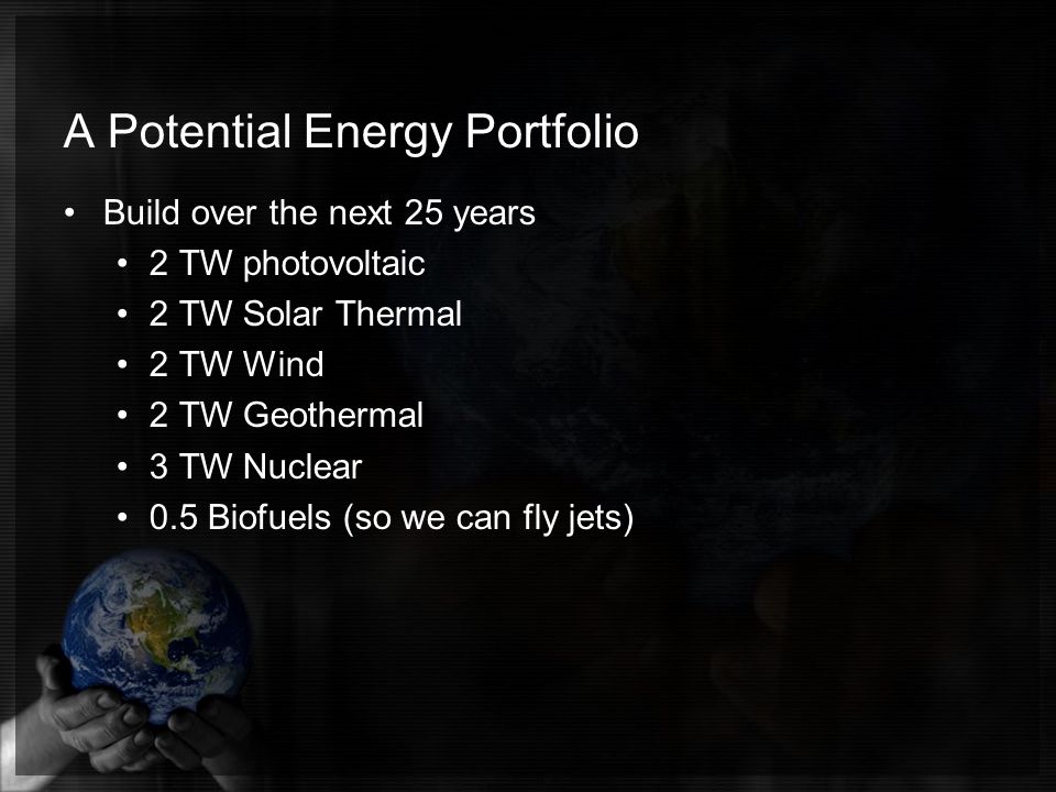A Potential Energy Portfolio Build over the next 25 years 2 TW photovoltaic 2 TW Solar Thermal 2 TW Wind 2 TW Geothermal 3 TW Nuclear 0.5 Biofuels (so we can fly jets)