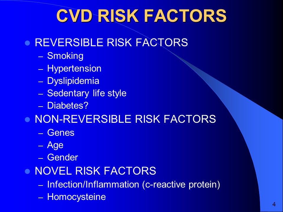CVD RISK FACTORS REVERSIBLE RISK FACTORS – Smoking – Hypertension – Dyslipidemia – Sedentary life style – Diabetes.