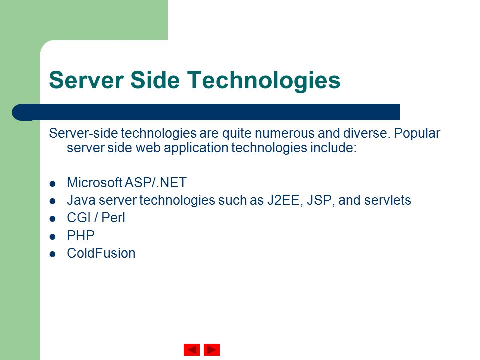 Server Side Technologies Server-side technologies are quite numerous and diverse.