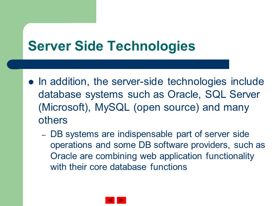 Server Side Technologies In addition, the server-side technologies include database systems such as Oracle, SQL Server (Microsoft), MySQL (open source) and many others – DB systems are indispensable part of server side operations and some DB software providers, such as Oracle are combining web application functionality with their core database functions