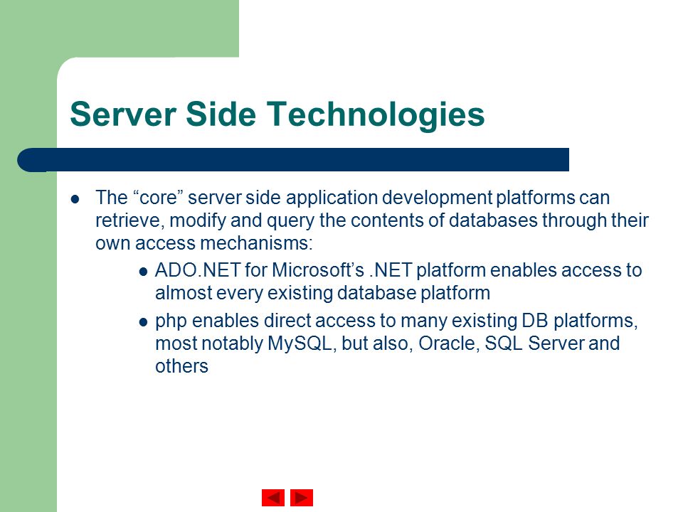 Server Side Technologies The core server side application development platforms can retrieve, modify and query the contents of databases through their own access mechanisms: ADO.NET for Microsoft’s.NET platform enables access to almost every existing database platform php enables direct access to many existing DB platforms, most notably MySQL, but also, Oracle, SQL Server and others