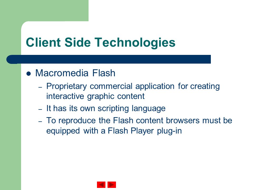 Client Side Technologies Macromedia Flash – Proprietary commercial application for creating interactive graphic content – It has its own scripting language – To reproduce the Flash content browsers must be equipped with a Flash Player plug-in