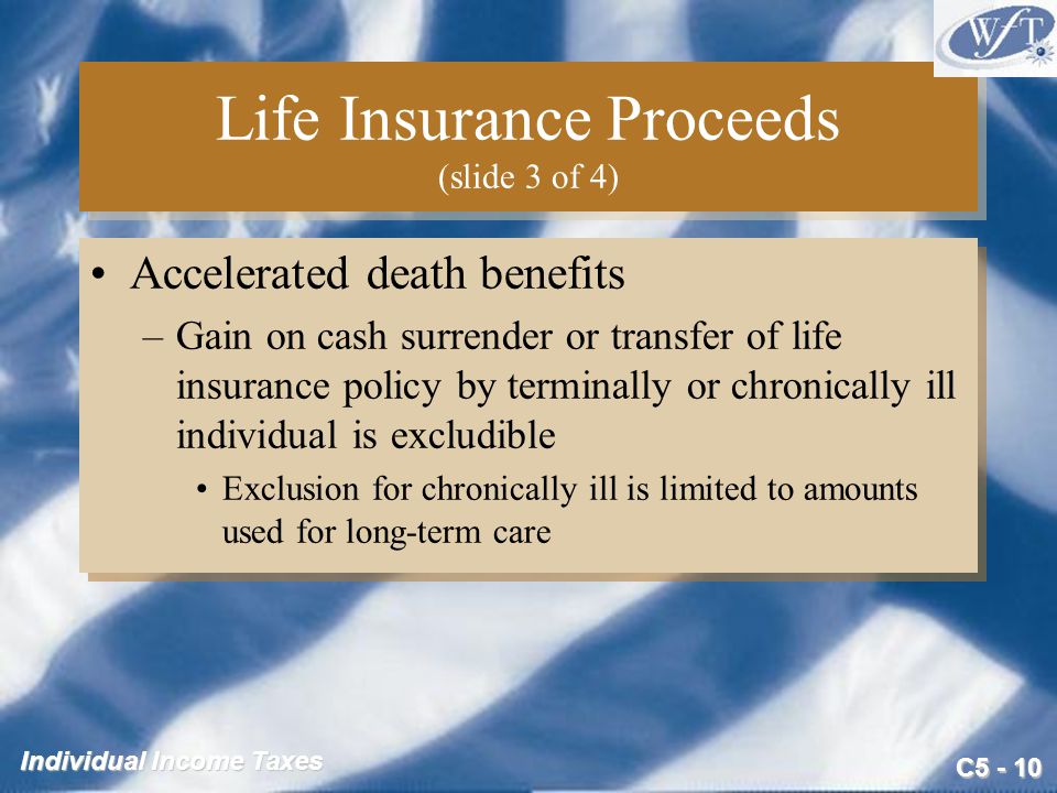 C Individual Income Taxes Life Insurance Proceeds (slide 3 of 4) Accelerated death benefits –Gain on cash surrender or transfer of life insurance policy by terminally or chronically ill individual is excludible Exclusion for chronically ill is limited to amounts used for long-term care Accelerated death benefits –Gain on cash surrender or transfer of life insurance policy by terminally or chronically ill individual is excludible Exclusion for chronically ill is limited to amounts used for long-term care