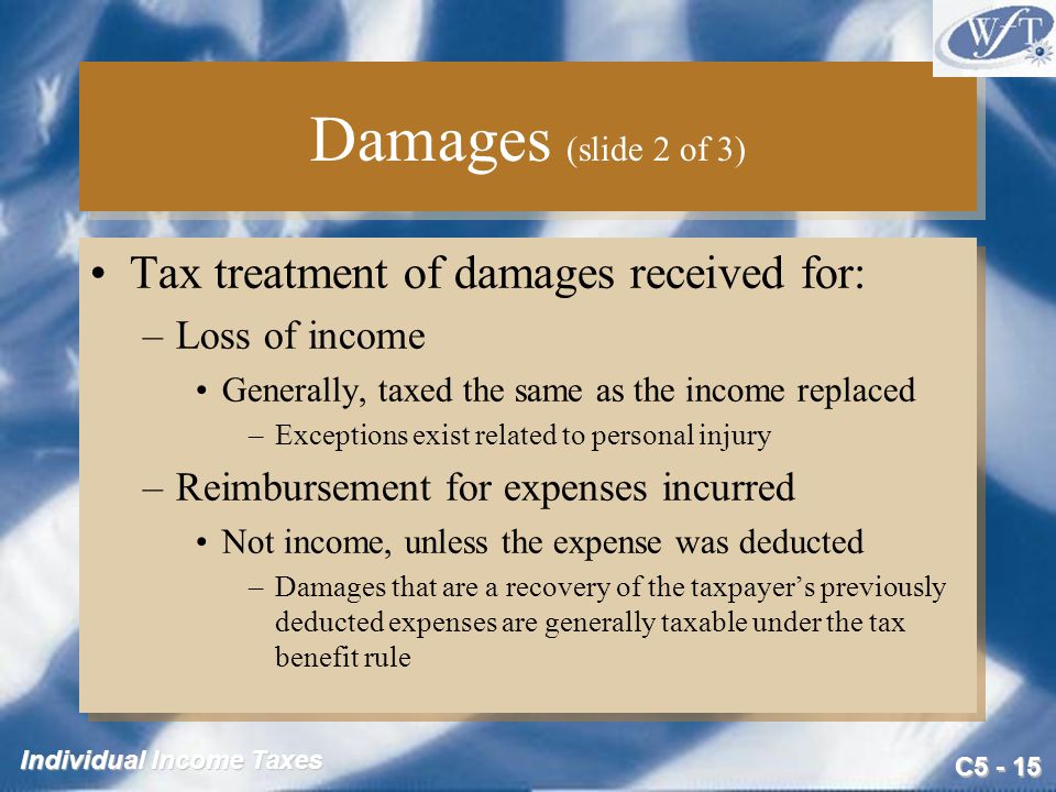 C Individual Income Taxes Damages (slide 2 of 3) Tax treatment of damages received for: –Loss of income Generally, taxed the same as the income replaced –Exceptions exist related to personal injury –Reimbursement for expenses incurred Not income, unless the expense was deducted –Damages that are a recovery of the taxpayer’s previously deducted expenses are generally taxable under the tax benefit rule Tax treatment of damages received for: –Loss of income Generally, taxed the same as the income replaced –Exceptions exist related to personal injury –Reimbursement for expenses incurred Not income, unless the expense was deducted –Damages that are a recovery of the taxpayer’s previously deducted expenses are generally taxable under the tax benefit rule
