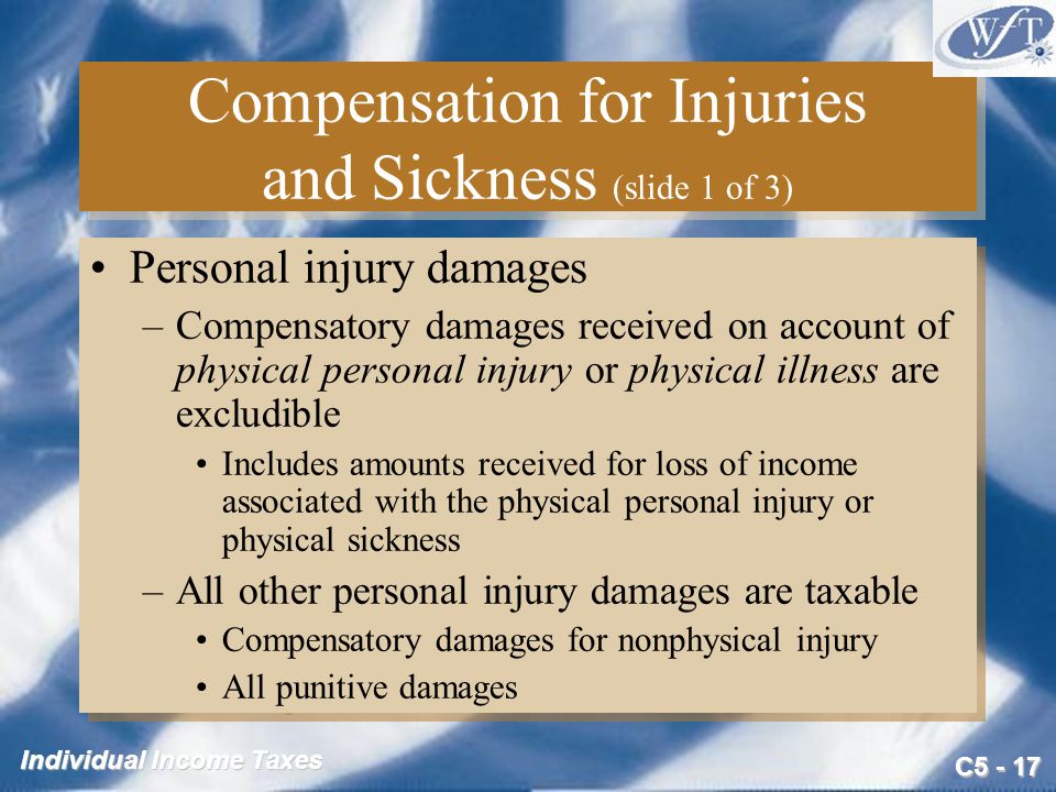 C Individual Income Taxes Compensation for Injuries and Sickness (slide 1 of 3) Personal injury damages –Compensatory damages received on account of physical personal injury or physical illness are excludible Includes amounts received for loss of income associated with the physical personal injury or physical sickness –All other personal injury damages are taxable Compensatory damages for nonphysical injury All punitive damages Personal injury damages –Compensatory damages received on account of physical personal injury or physical illness are excludible Includes amounts received for loss of income associated with the physical personal injury or physical sickness –All other personal injury damages are taxable Compensatory damages for nonphysical injury All punitive damages