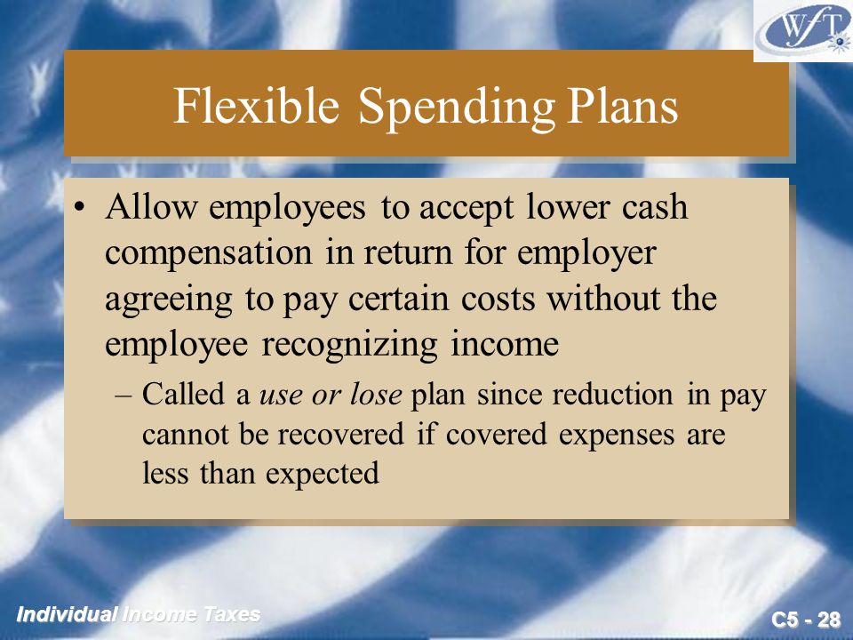 C Individual Income Taxes Flexible Spending Plans Allow employees to accept lower cash compensation in return for employer agreeing to pay certain costs without the employee recognizing income –Called a use or lose plan since reduction in pay cannot be recovered if covered expenses are less than expected Allow employees to accept lower cash compensation in return for employer agreeing to pay certain costs without the employee recognizing income –Called a use or lose plan since reduction in pay cannot be recovered if covered expenses are less than expected