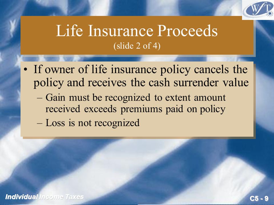 C5 - 9 Individual Income Taxes Life Insurance Proceeds (slide 2 of 4) If owner of life insurance policy cancels the policy and receives the cash surrender value –Gain must be recognized to extent amount received exceeds premiums paid on policy –Loss is not recognized If owner of life insurance policy cancels the policy and receives the cash surrender value –Gain must be recognized to extent amount received exceeds premiums paid on policy –Loss is not recognized