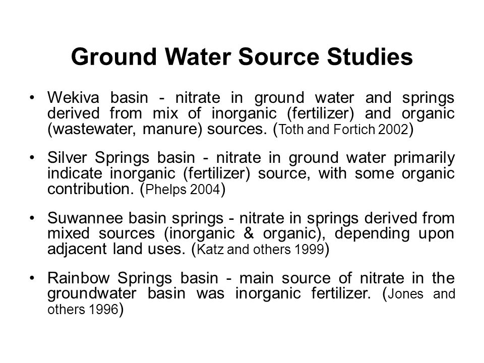 Ground Water Source Studies Wekiva basin - nitrate in ground water and springs derived from mix of inorganic (fertilizer) and organic (wastewater, manure) sources.