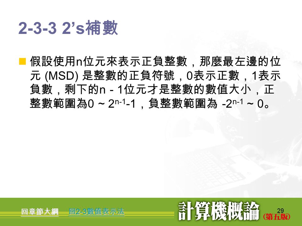 1 第2 章數字系統與資料表示法 2 章節大綱2 1 電腦的基本單位電腦的基本單位2 2 數字系統數字系統2 3 數值表示法數值表示法2 4 數值算術運算數值算術運算 1 第2 章數字系統與資料表示法 2 章節大綱2 1 電腦的基本單位電腦的基本單位2 2 數字系統數字系統2 3 數值表示法數值表示法2 4 數值算術運算數值算術運算