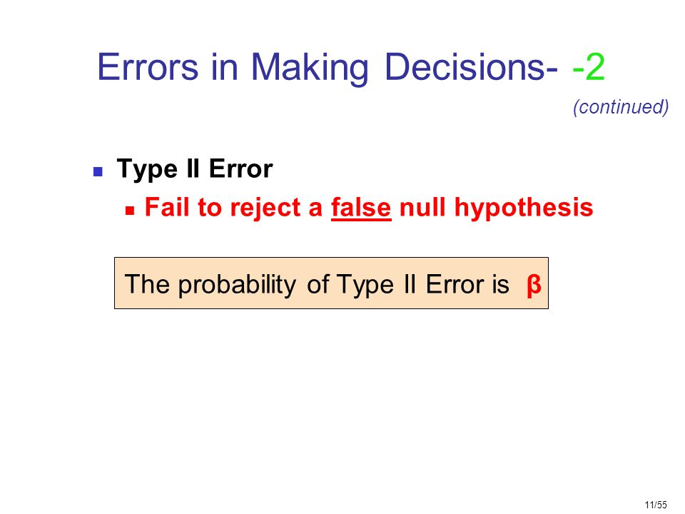11/55 Errors in Making Decisions- -2 Type II Error Fail to reject a false null hypothesis The probability of Type II Error is β (continued)