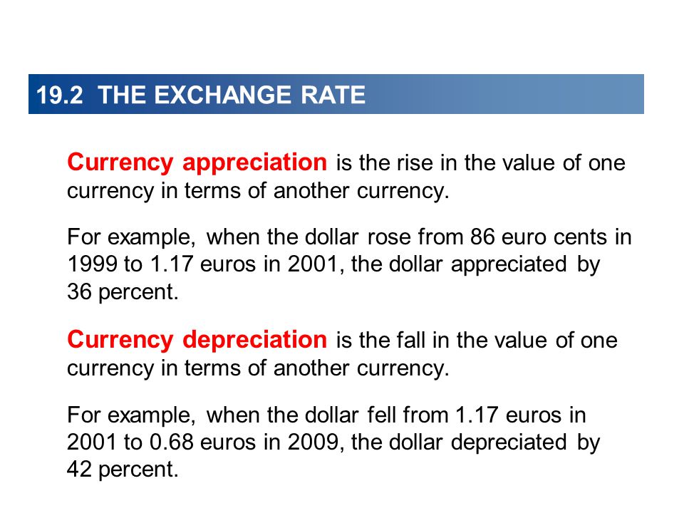19.2 THE EXCHANGE RATE Currency appreciation is the rise in the value of one currency in terms of another currency.