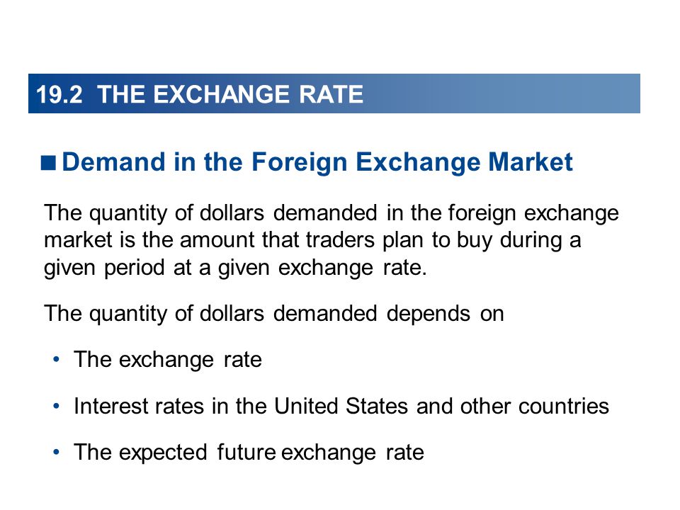 19.2 THE EXCHANGE RATE  Demand in the Foreign Exchange Market The quantity of dollars demanded in the foreign exchange market is the amount that traders plan to buy during a given period at a given exchange rate.