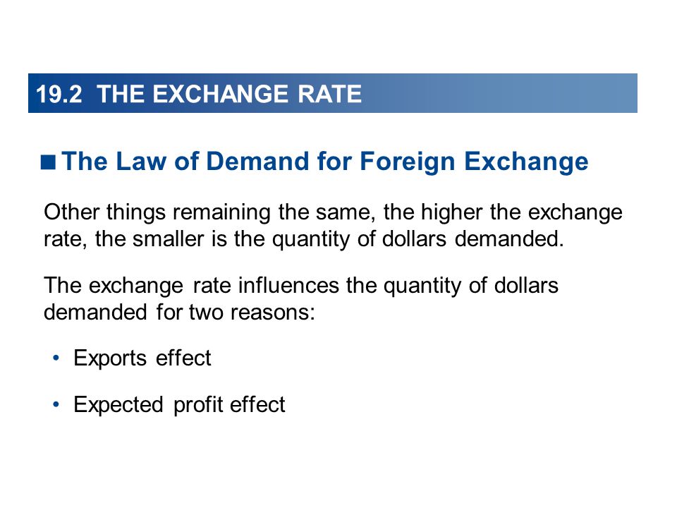 19.2 THE EXCHANGE RATE  The Law of Demand for Foreign Exchange Other things remaining the same, the higher the exchange rate, the smaller is the quantity of dollars demanded.