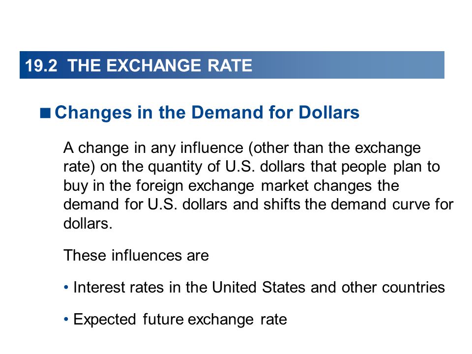  Changes in the Demand for Dollars A change in any influence (other than the exchange rate) on the quantity of U.S.
