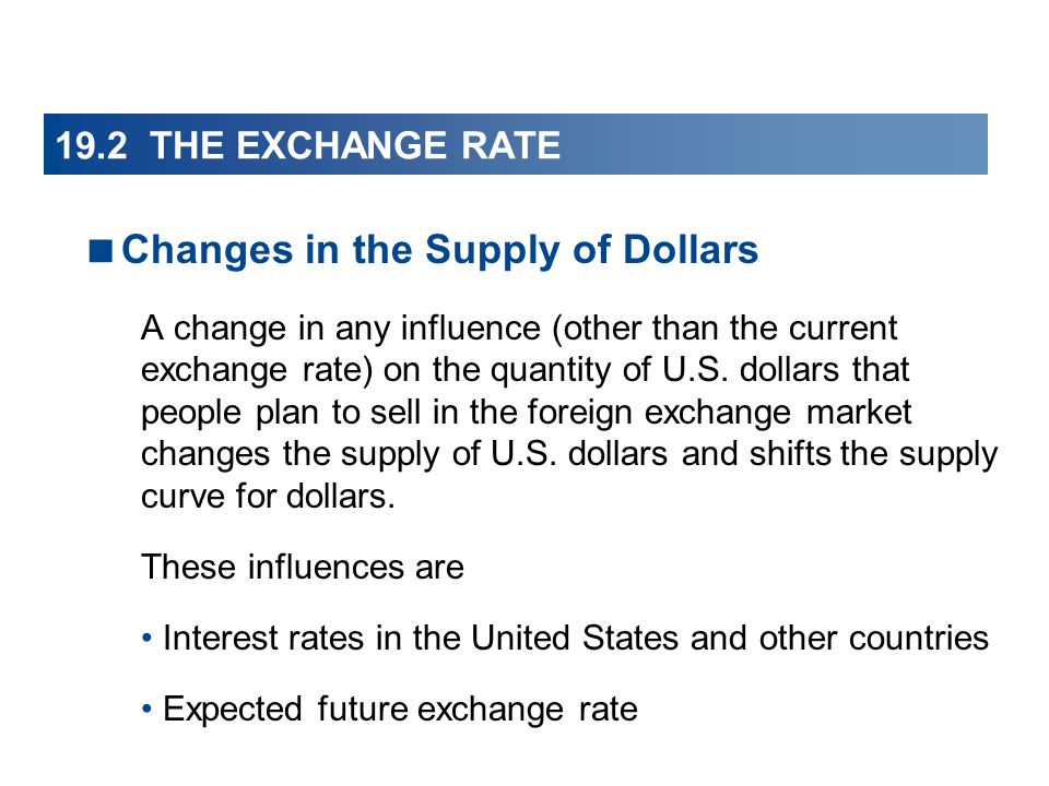  Changes in the Supply of Dollars A change in any influence (other than the current exchange rate) on the quantity of U.S.