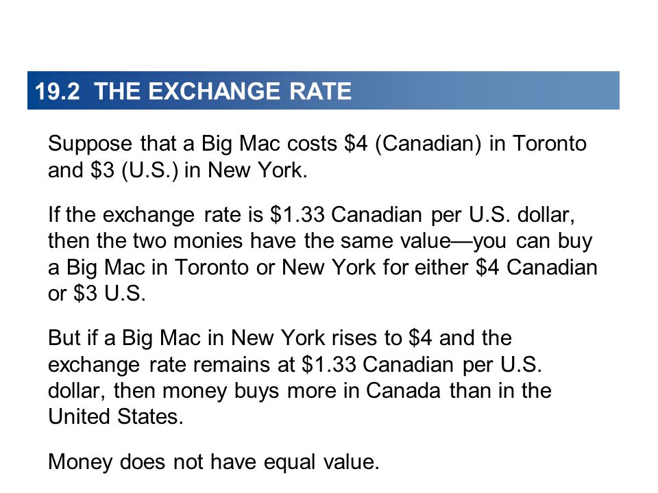 19.2 THE EXCHANGE RATE Suppose that a Big Mac costs $4 (Canadian) in Toronto and $3 (U.S.) in New York.