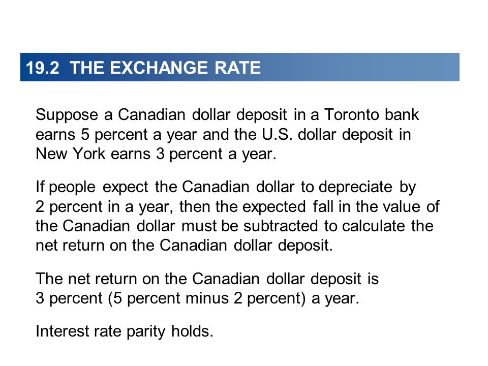 19.2 THE EXCHANGE RATE Suppose a Canadian dollar deposit in a Toronto bank earns 5 percent a year and the U.S.