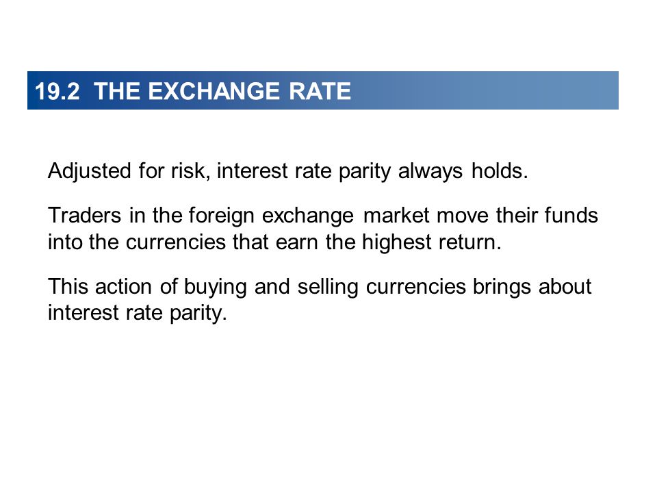 19.2 THE EXCHANGE RATE Adjusted for risk, interest rate parity always holds.