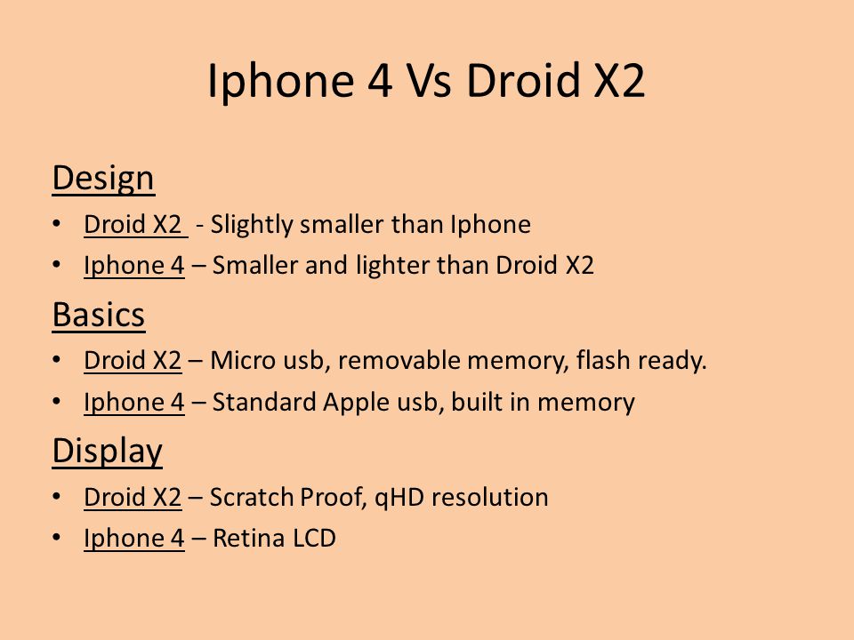 Iphone 4 Vs Droid X2 Design Droid X2 - Slightly smaller than Iphone Iphone 4 – Smaller and lighter than Droid X2 Basics Droid X2 – Micro usb, removable memory, flash ready.