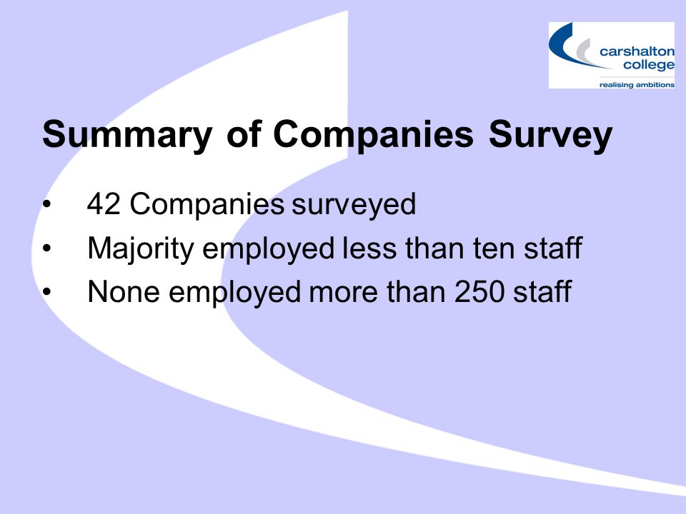 Summary of Companies Survey 42 Companies surveyed Majority employed less than ten staff None employed more than 250 staff
