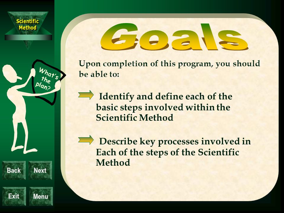 Exit BackNext Menu Upon completion of this program, you should be able to: Describe key processes involved in Each of the steps of the Scientific Method What’s the plan.