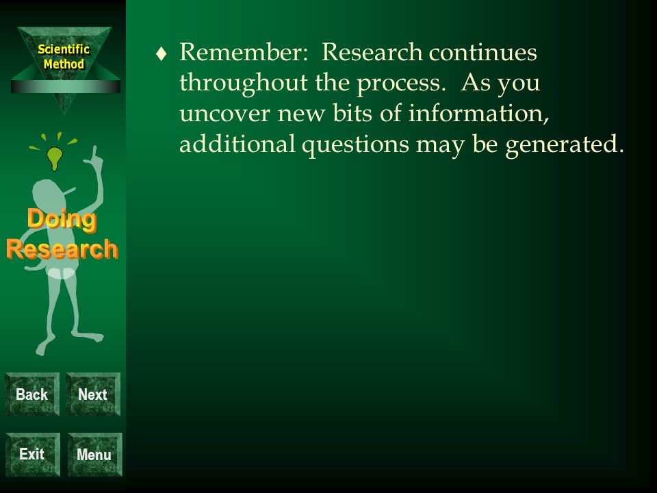 Exit BackNext Menu t Remember: Research continues throughout the process.
