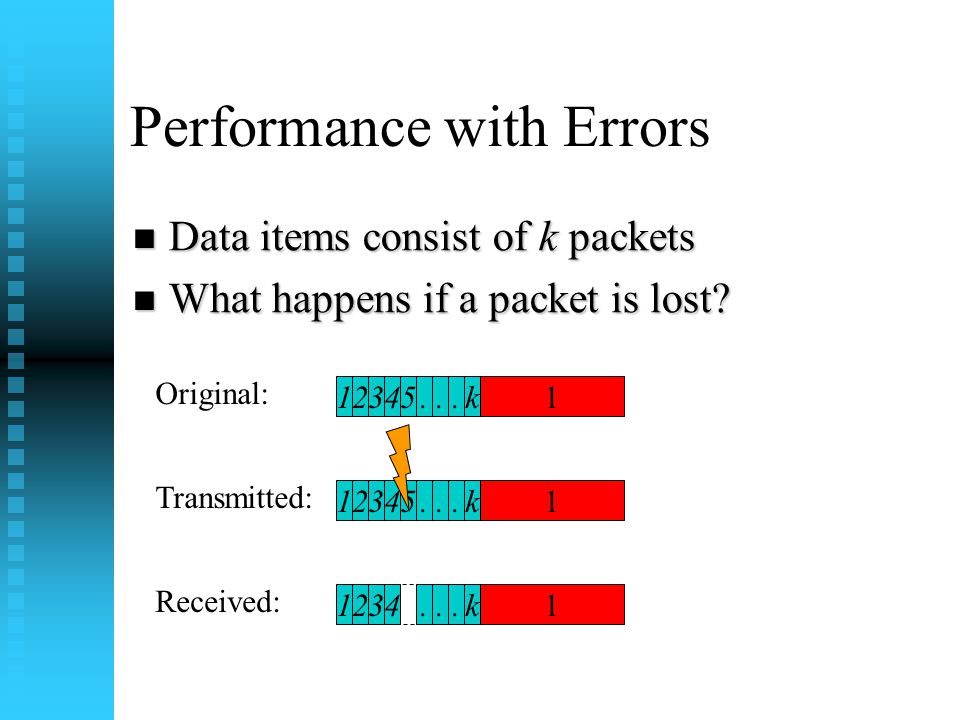 Performance with Errors Data items consist of k packets Data items consist of k packets What happens if a packet is lost.