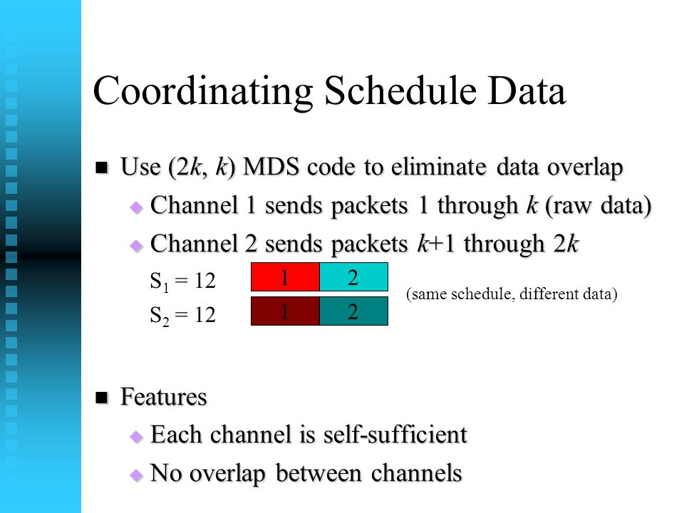 Coordinating Schedule Data Use (2k, k) MDS code to eliminate data overlap Use (2k, k) MDS code to eliminate data overlap  Channel 1 sends packets 1 through k (raw data)  Channel 2 sends packets k+1 through 2k Features Features  Each channel is self-sufficient  No overlap between channels S 1 = S 2 = (same schedule, different data)