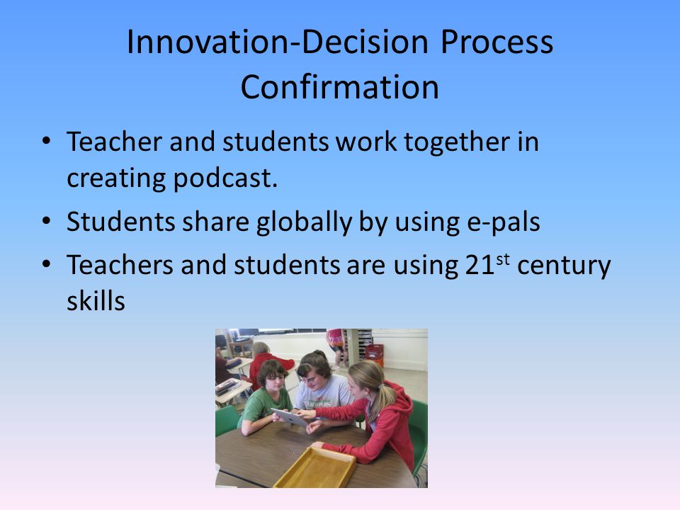 Innovation-Decision Process Confirmation Teacher and students work together in creating podcast.