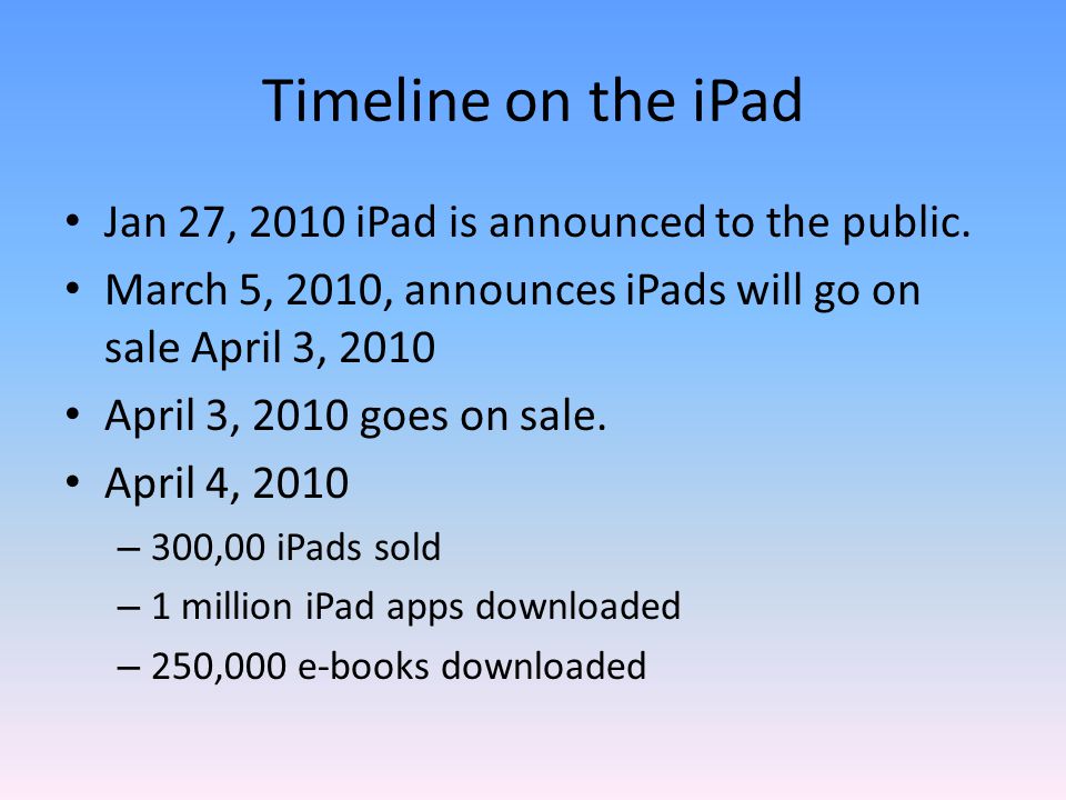 Timeline on the iPad Jan 27, 2010 iPad is announced to the public.