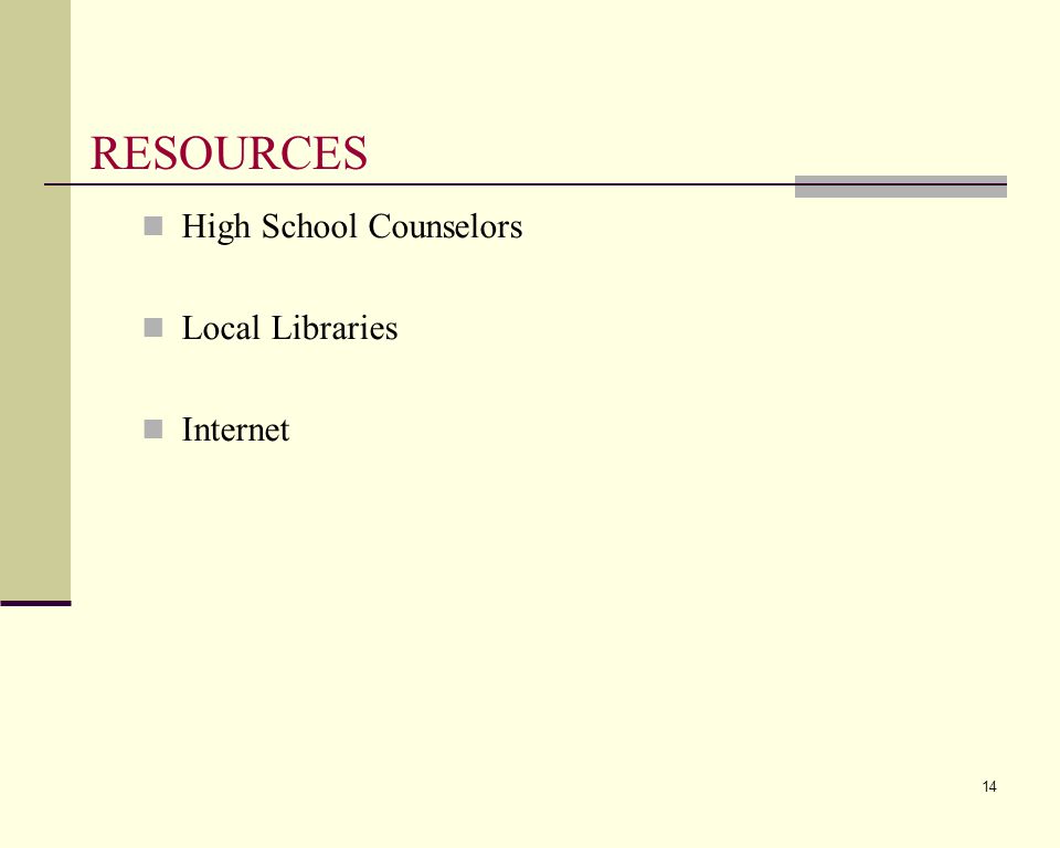 14 RESOURCES High School Counselors Local Libraries Internet