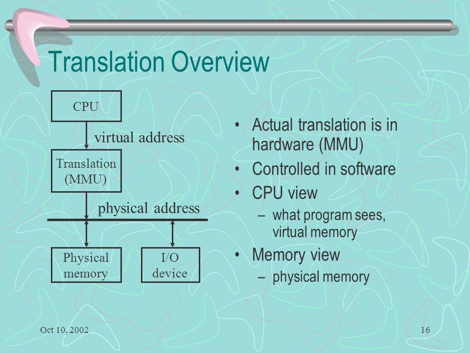 Oct 10, Translation Overview Actual translation is in hardware (MMU) Controlled in software CPU view –what program sees, virtual memory Memory view –physical memory Translation (MMU) CPU virtual address Physical memory physical address I/O device